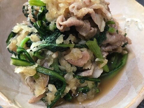 豚コマ切れ肉と春菊の大根おろし炒め